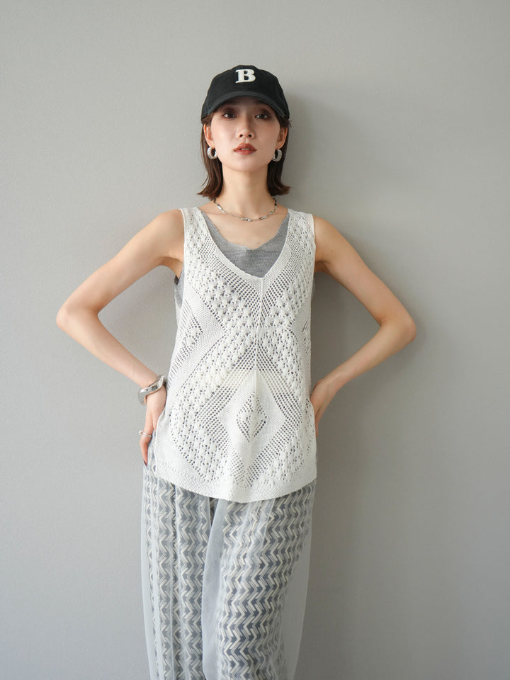 [予約]透かし編みレイヤードニットトップス/ホワイト