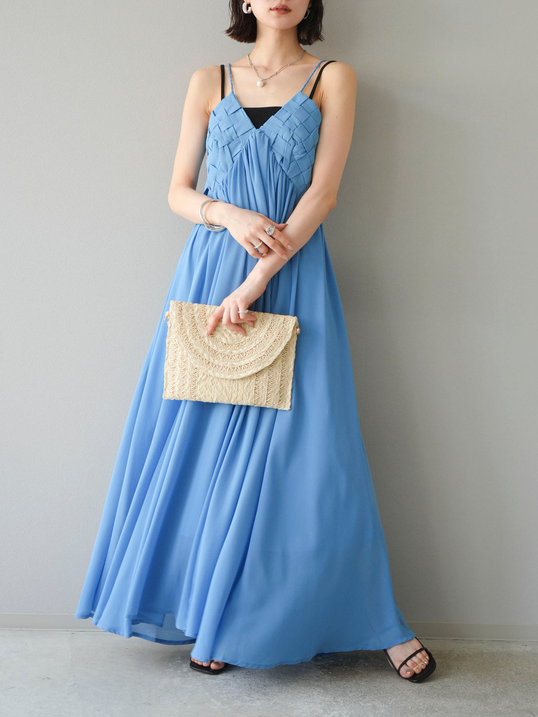 [SET]編み込みデザインシフォンワンピース+カップ付テレコリブベアキャミソール(2set)