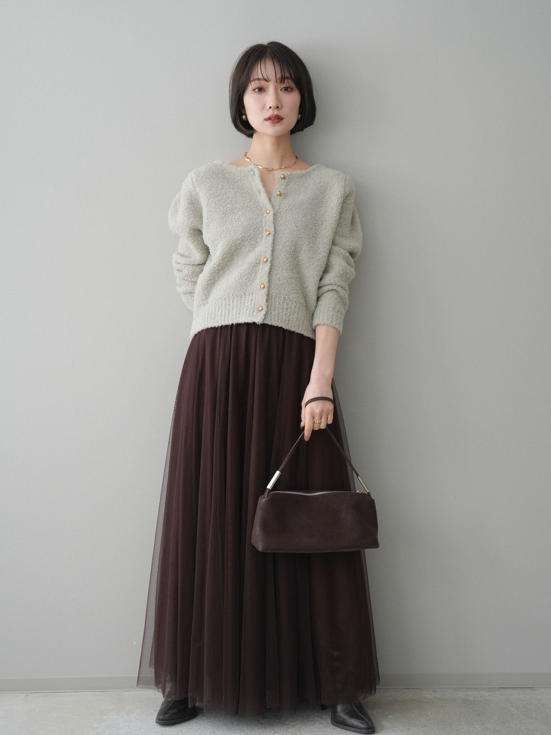 [SET]ゴールドボタンブークレニットカーディガン+チュールボリュームスカート(2set)