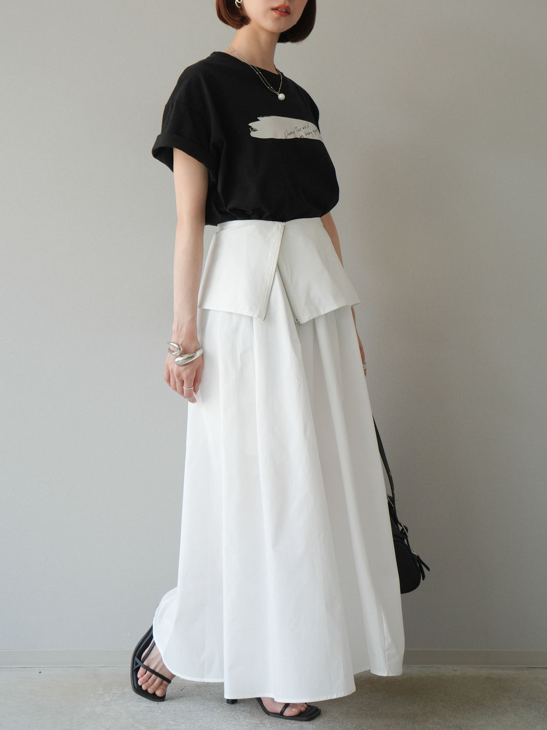 [予約]レイヤードジップデザインブロードフレアスカート/ホワイト