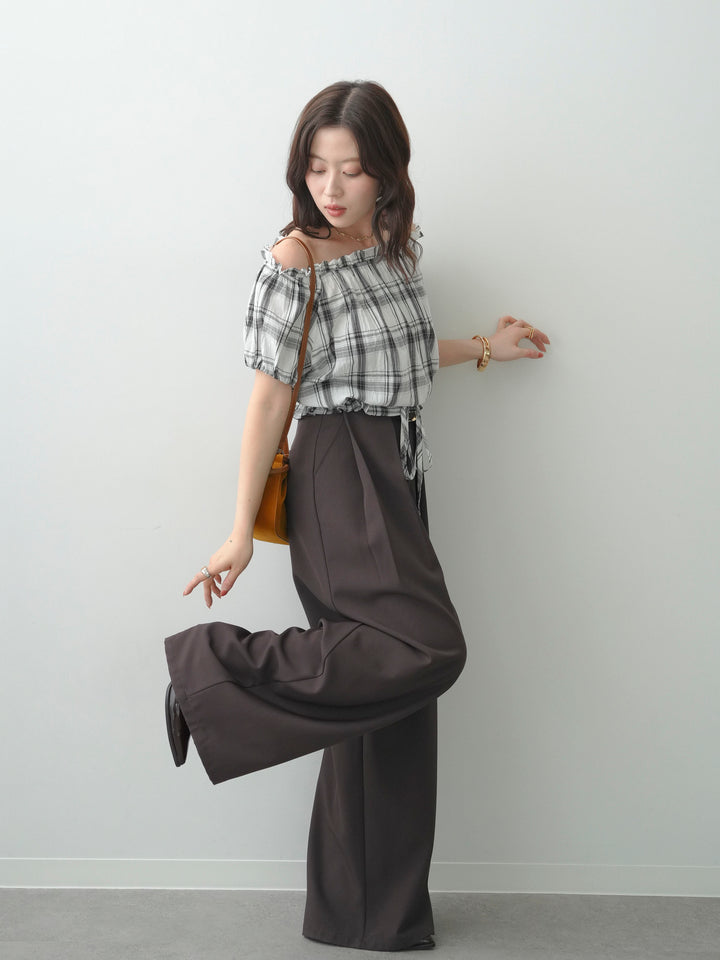 [SET]チェックギャザーオフショルトップス+ベルトループデザインワイドパンツ(2set)