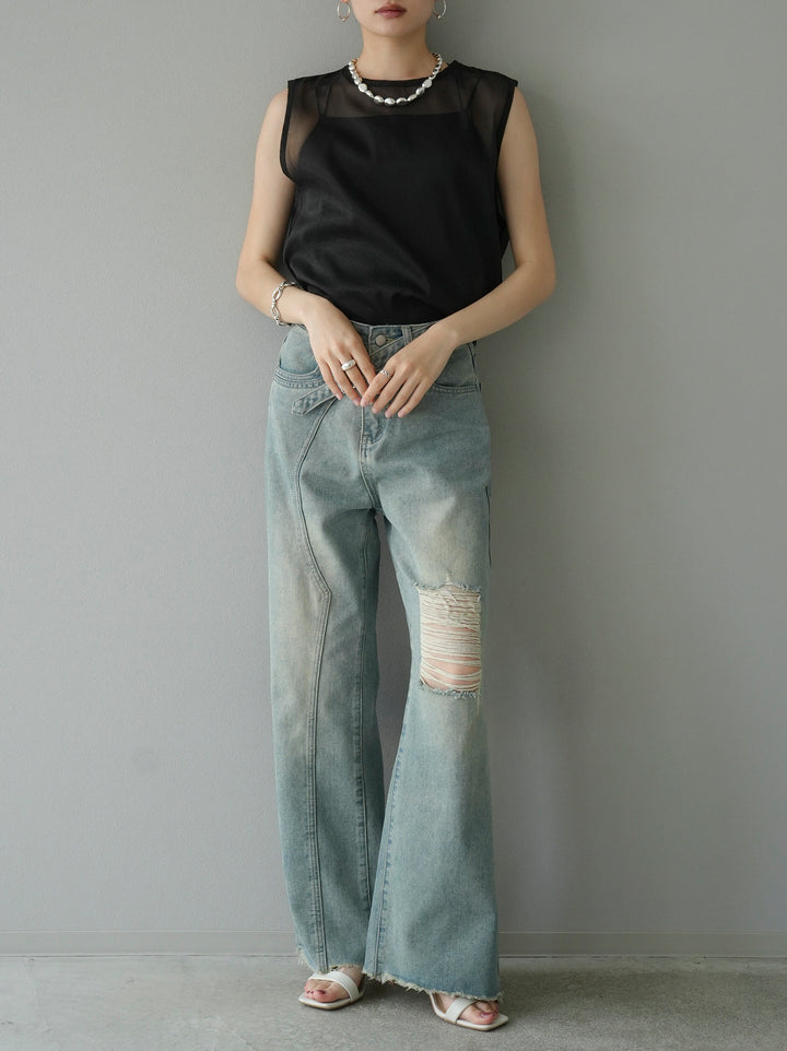 [SET] Organdy sleeveless top + belt asymmetrical damaged denim (2set)