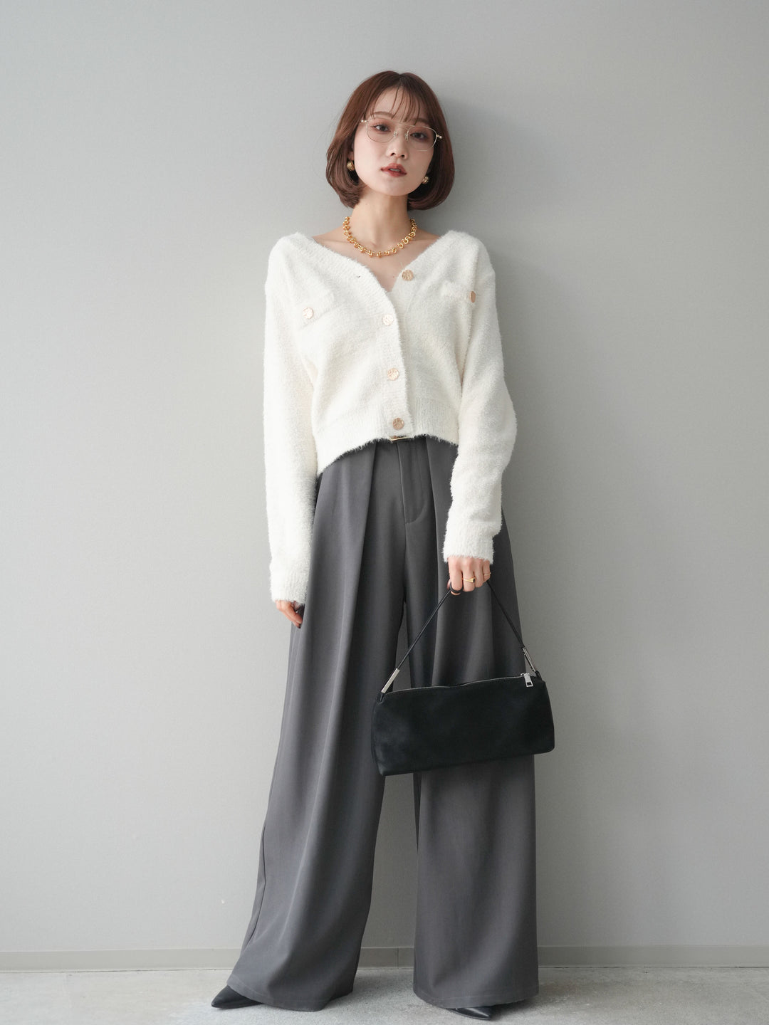 [SET]ゴールドボタンモールニットカーディガン+ベルトループデザインワイドパンツ(2set)