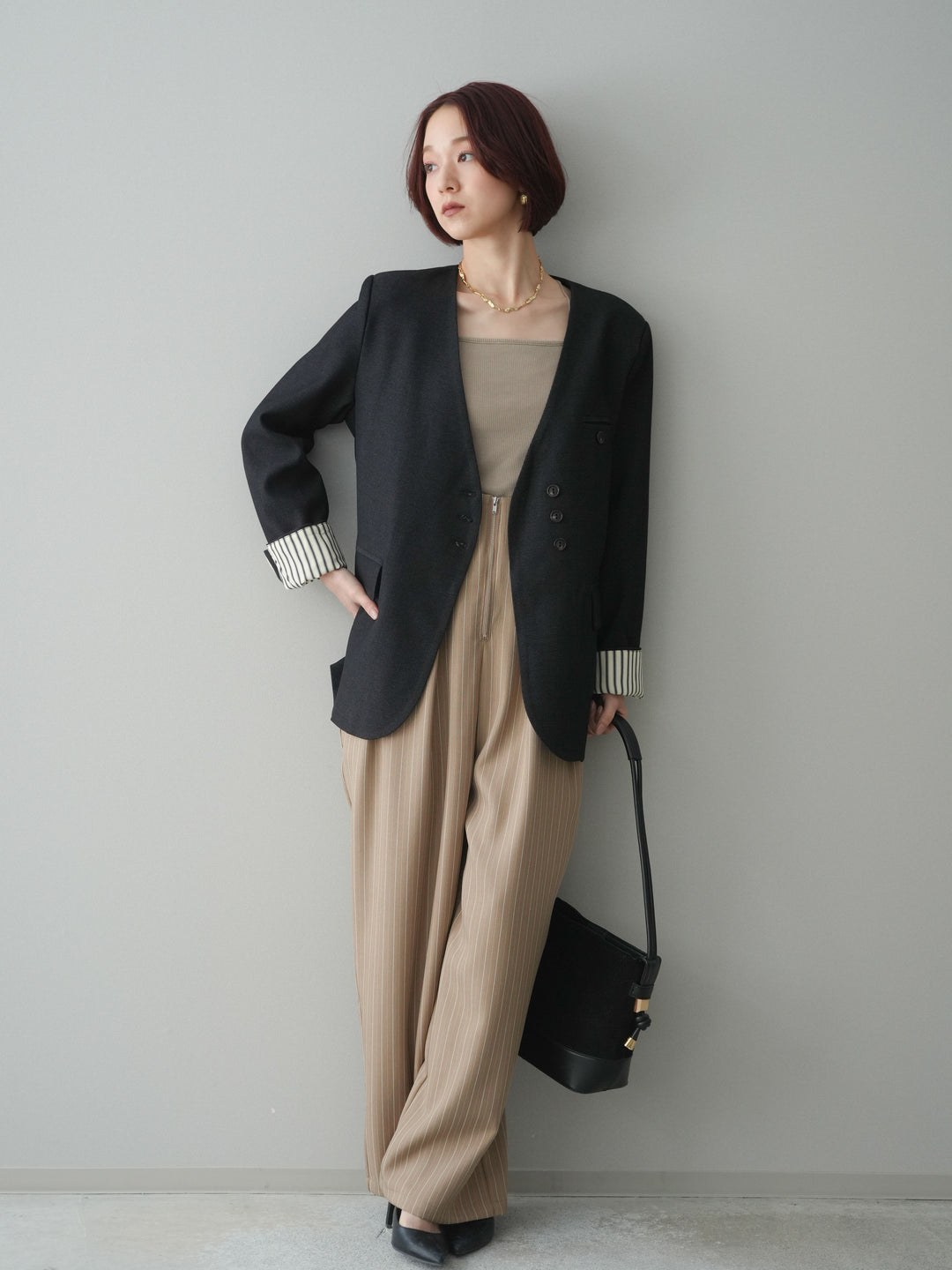 [予約]グログランテープストライプサロペット/beige