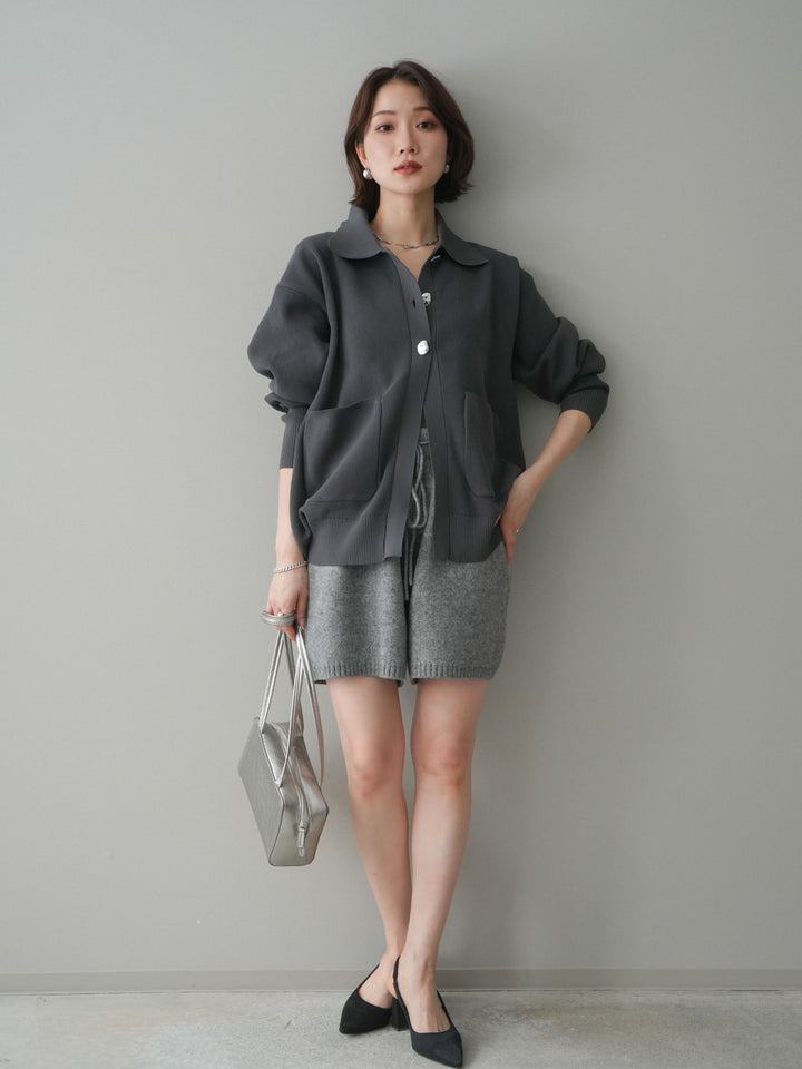 [予約]メタルボタン襟付きポリエステルニットカーディガン/charcoal