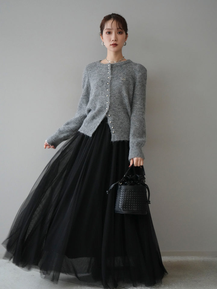 [SET]ブローチ付silverボタンミックスニットカーディガン+チュールボリュームスカート(2set)