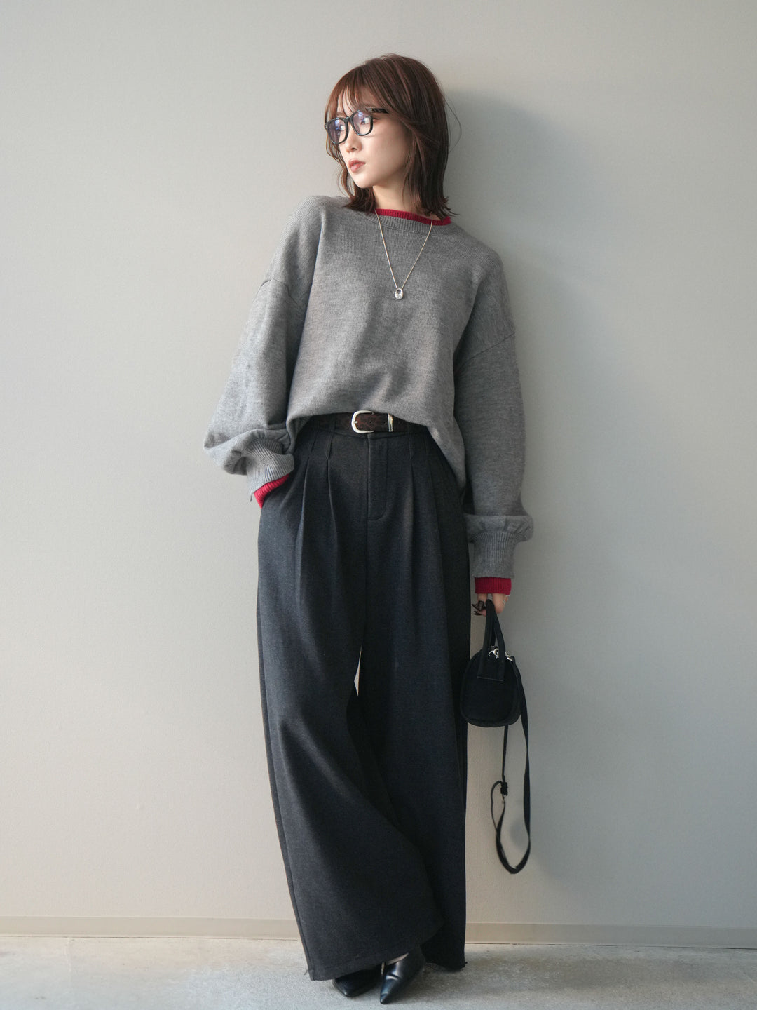 [予約]ヘンリーネック配色レイヤードニットプルオーバー/middlegray