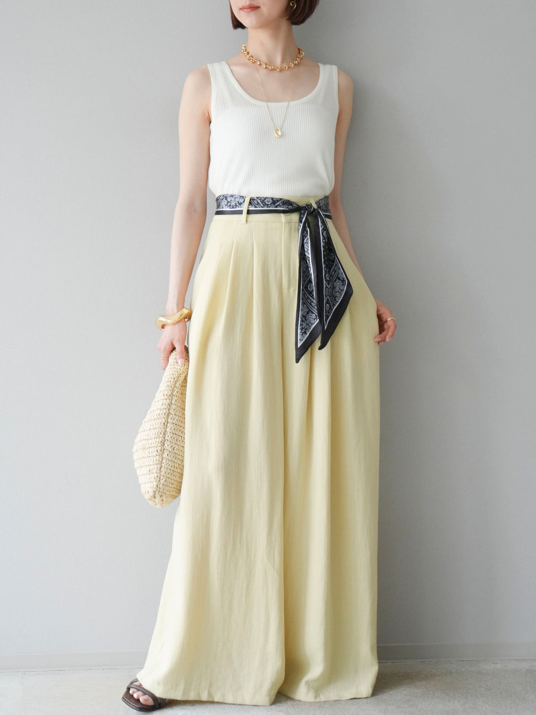 [予約]スカーフベルト付3タックワイドパンツ/イエロー
