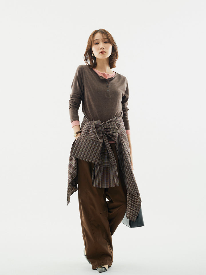 【Allure】[SET]配色レイヤードヘンリーネックトップス+タフタワイドカーブパンツ(2set)