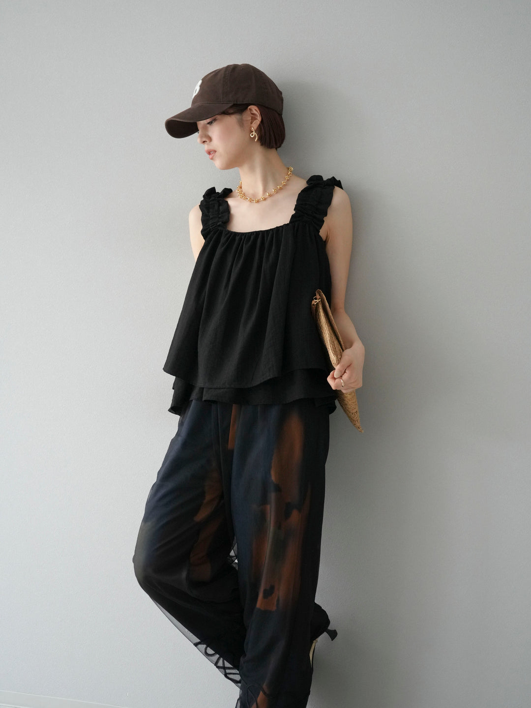 [SET]ギャザーショルダーフレアタンクトップ+選べるアクセセット(2set)