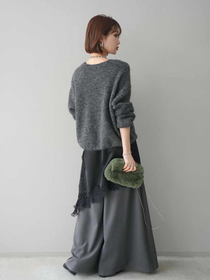 [SET]パール×ビジューVネックニットプルオーバー+アシンメトリーサテンレースキャミソール+テープベルトタックバギーパンツ(3set)