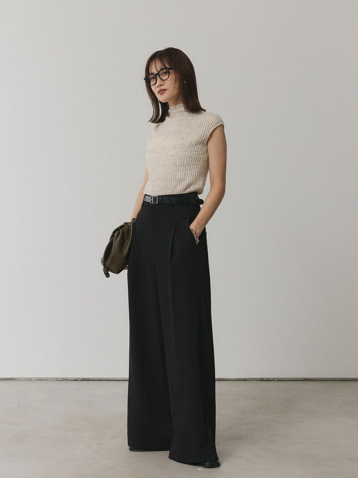 【Allure】[SET]ミックスヤーンデザインリブフレンチスリーブニット+デザインタックセンターシームアイドパンツ(2set)