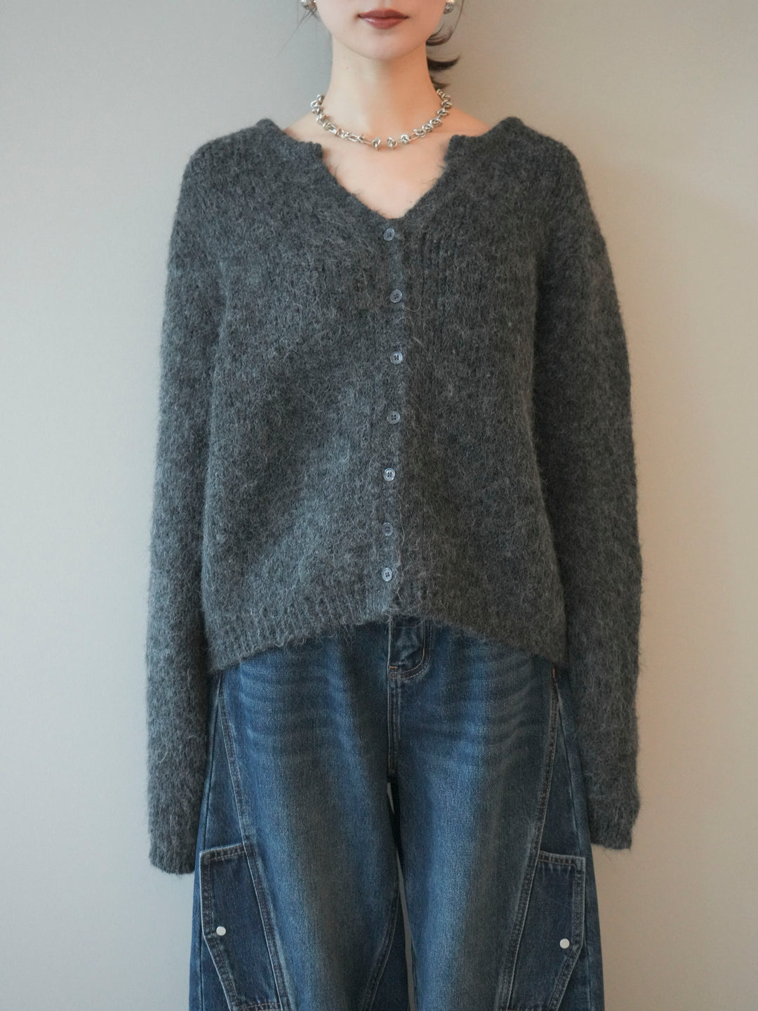 [予約]キーネックシャギーニットカーディガン/gray