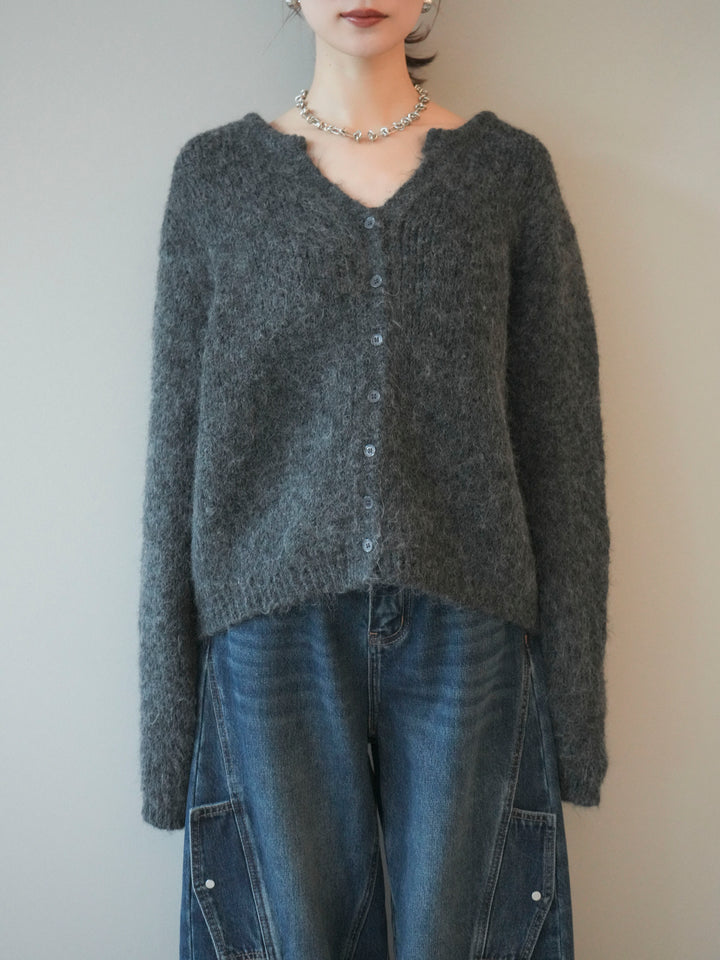 [予約]キーネックシャギーニットカーディガン/gray
