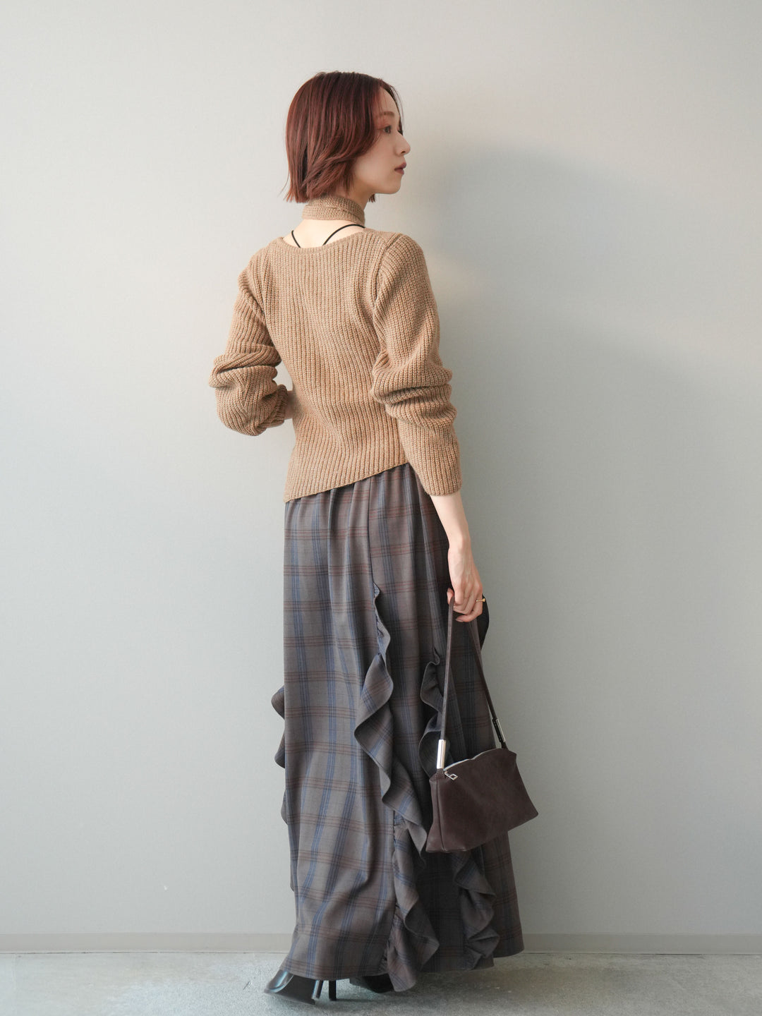 【套裝】絞花針織交叉針織上衣+格紋荷葉邊高腰長裙（兩件套）