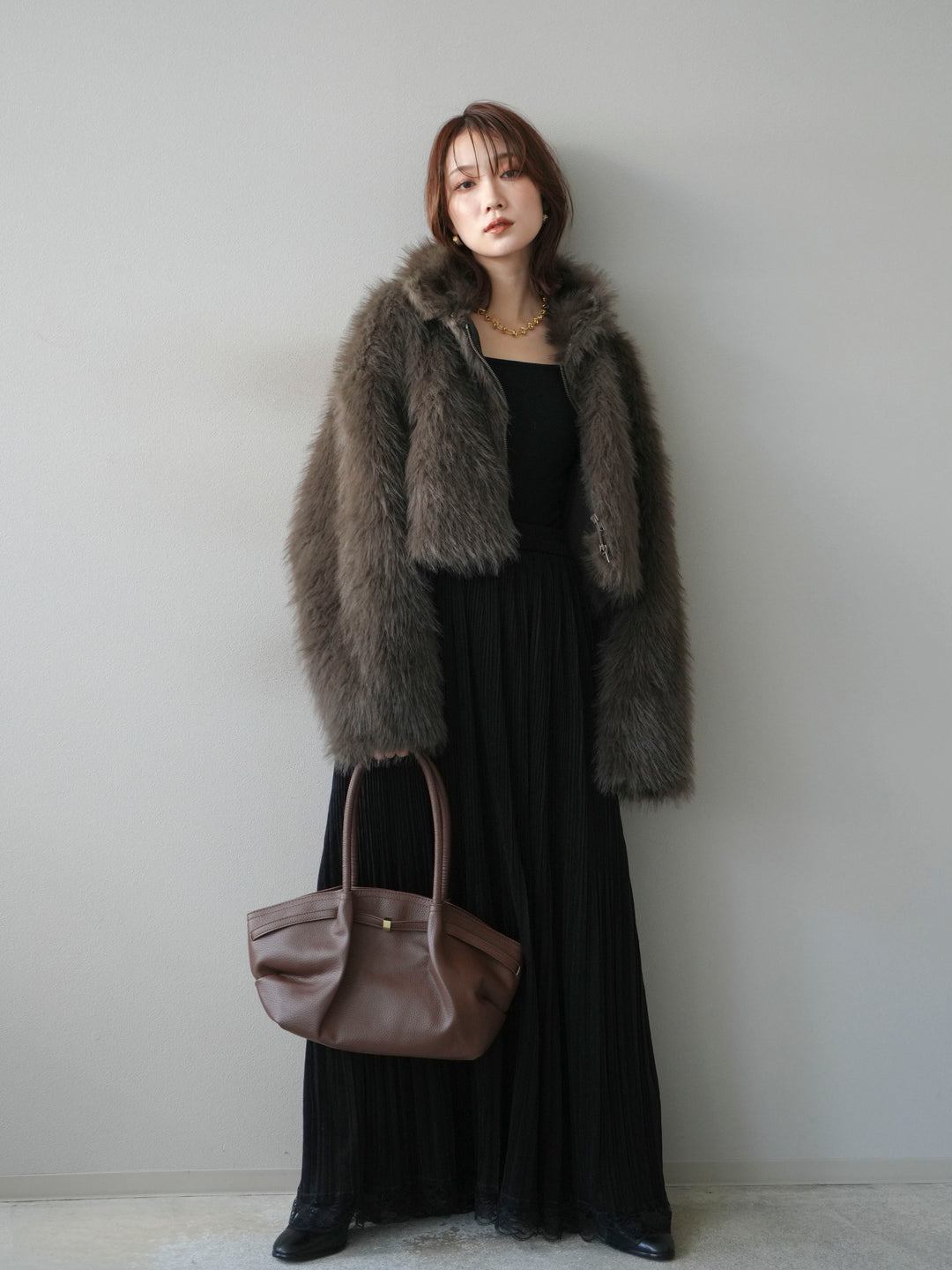 [予約]フェイクファーショートZIPジャケット/brown