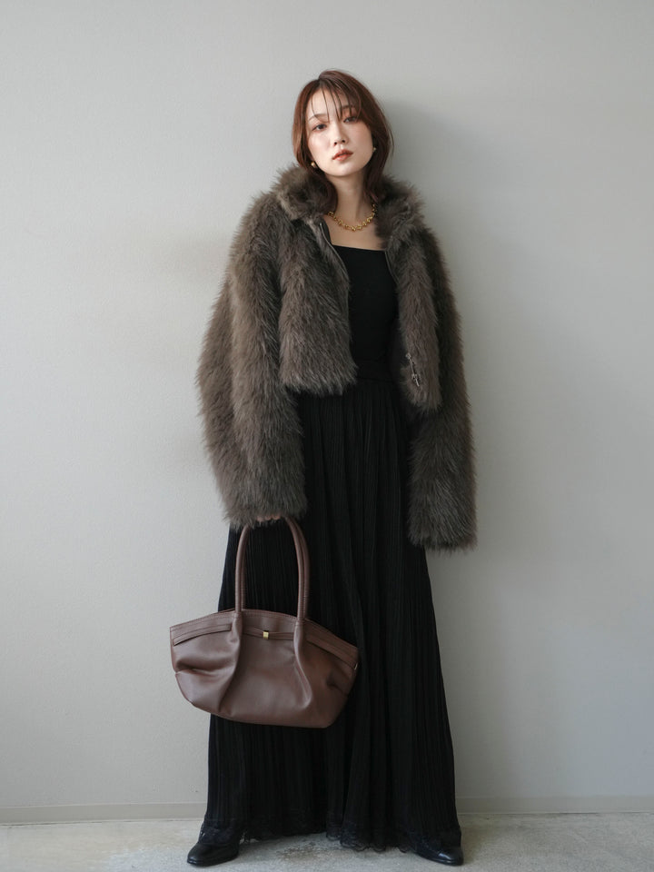 [予約]フェイクファーショートZIPジャケット/brown