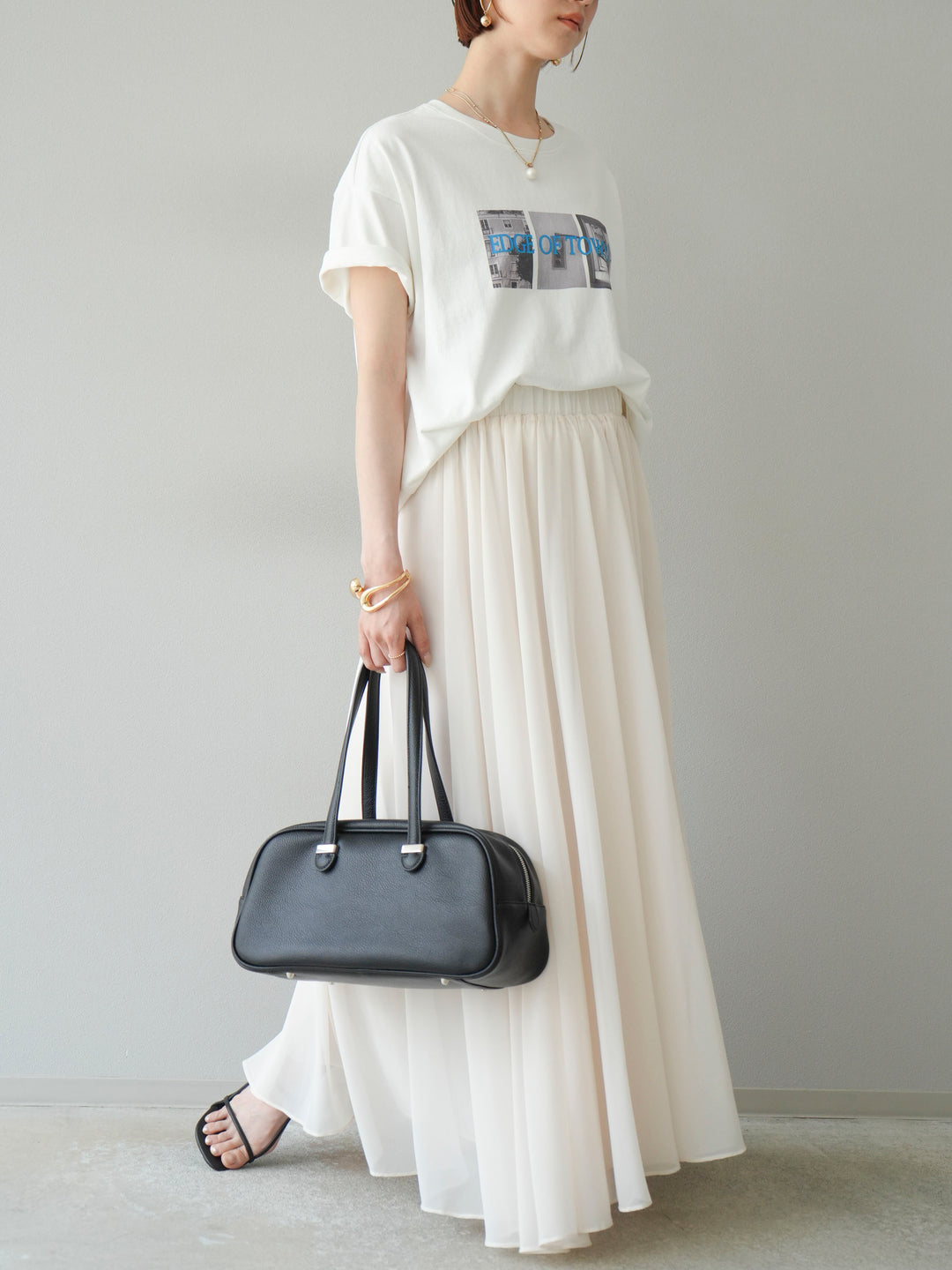 [SET]ネオンロゴコラージュフォトプリントオーバーTシャツ+シフォンフレアスカート(2set)