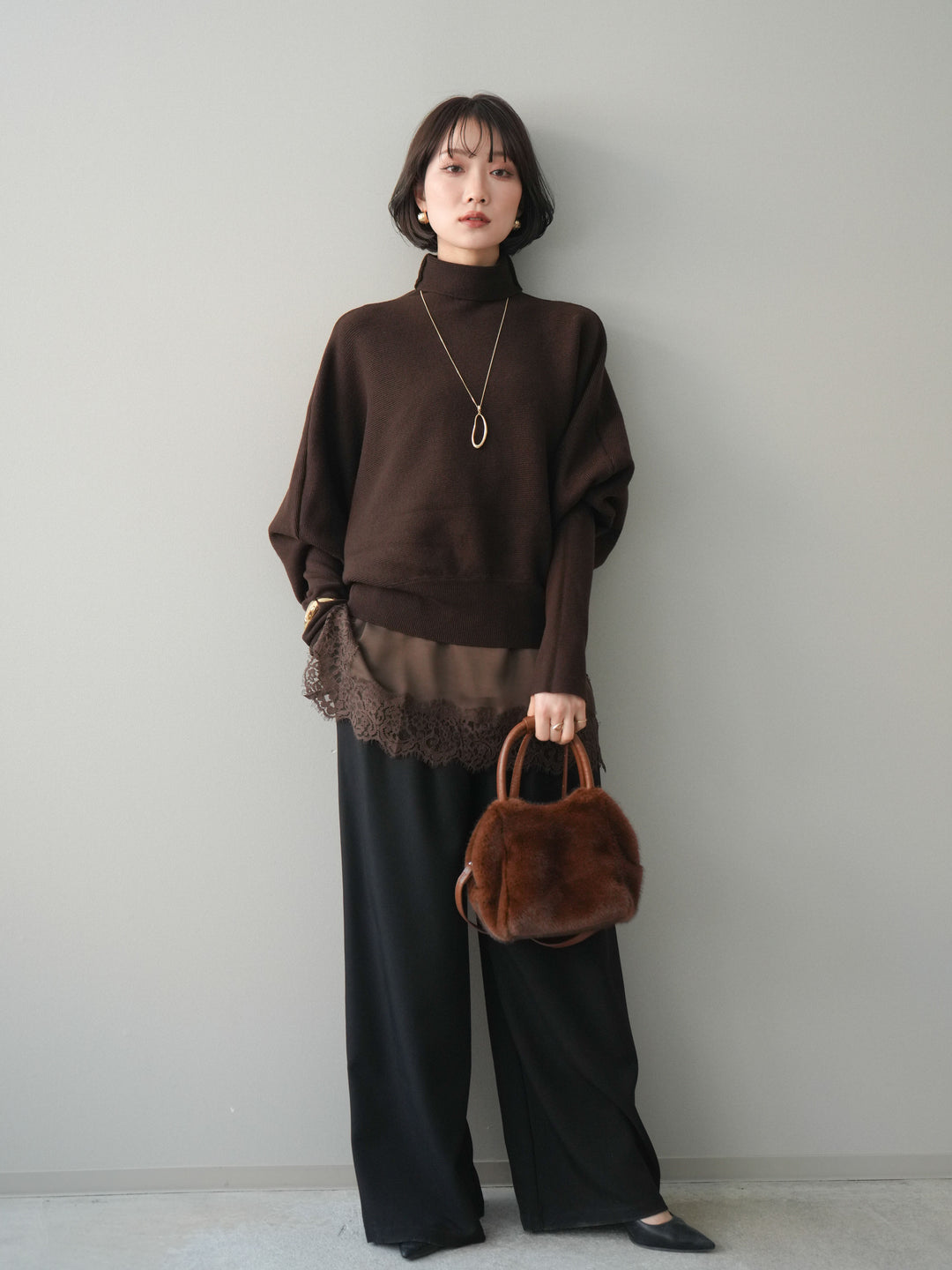 [予約]ウエストレースタックワイドパンツ/black