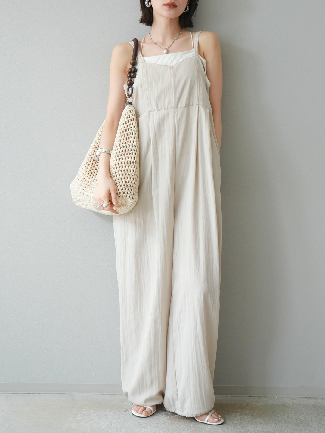 [SET]リネンライクビスチェデザインサロペット+ダブルストラップカットリブブラキャミソール(2set)