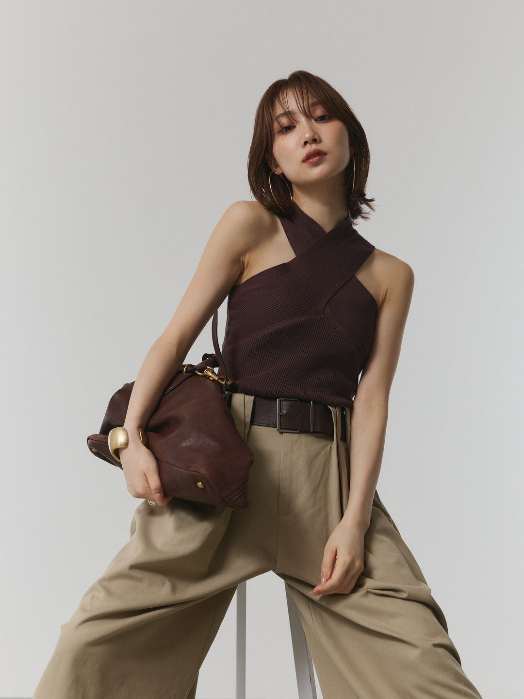 【Allure】[SET]クロスリブニットタンクトップ+ベルト付ダブルループワイドパンツ(2set)