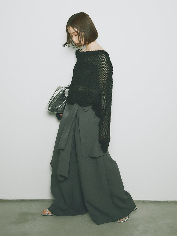 [SET] 後背垂墜網眼套頭衫+亞麻觸感裹身寬褲（2件套）