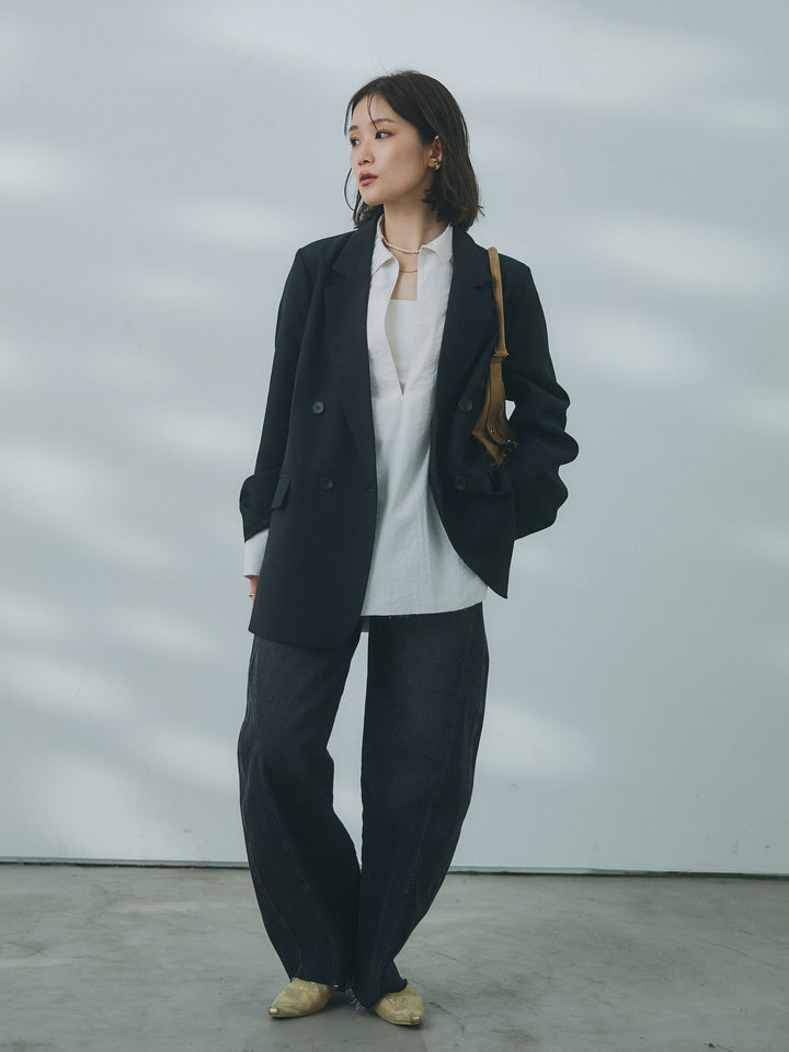 【Allure】[SET]杢調ライトテーラードジャケット+ウエストフリンジカットオフカーブデニムパンツ(2set)