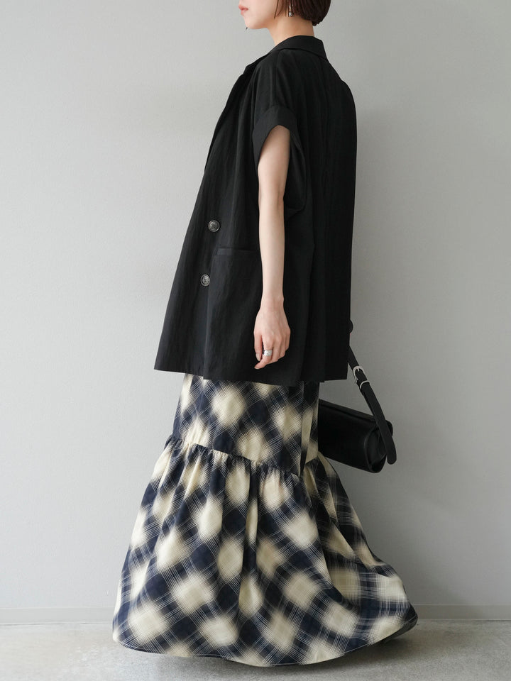 [SET]ベルト付チェックノースリーブワンピース+リネンライクノースリーブダブルジレ(2set)