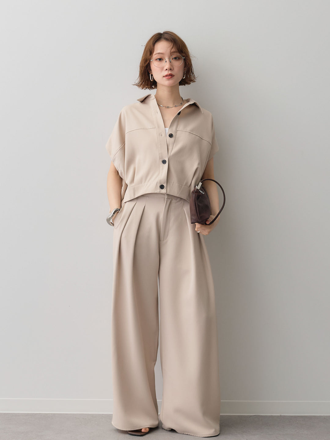 【套裝】縐綢燈籠無袖襯衫 + 縐綢闊腿褲（兩件套）