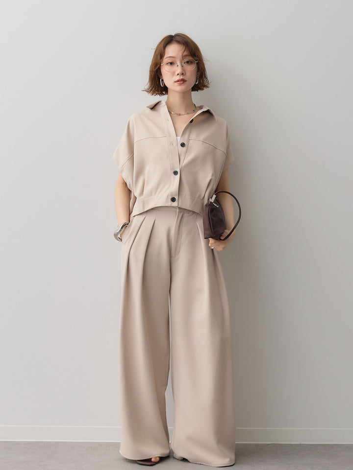 【套裝】縐綢燈籠無袖襯衫 + 縐綢闊腿褲（兩件套）