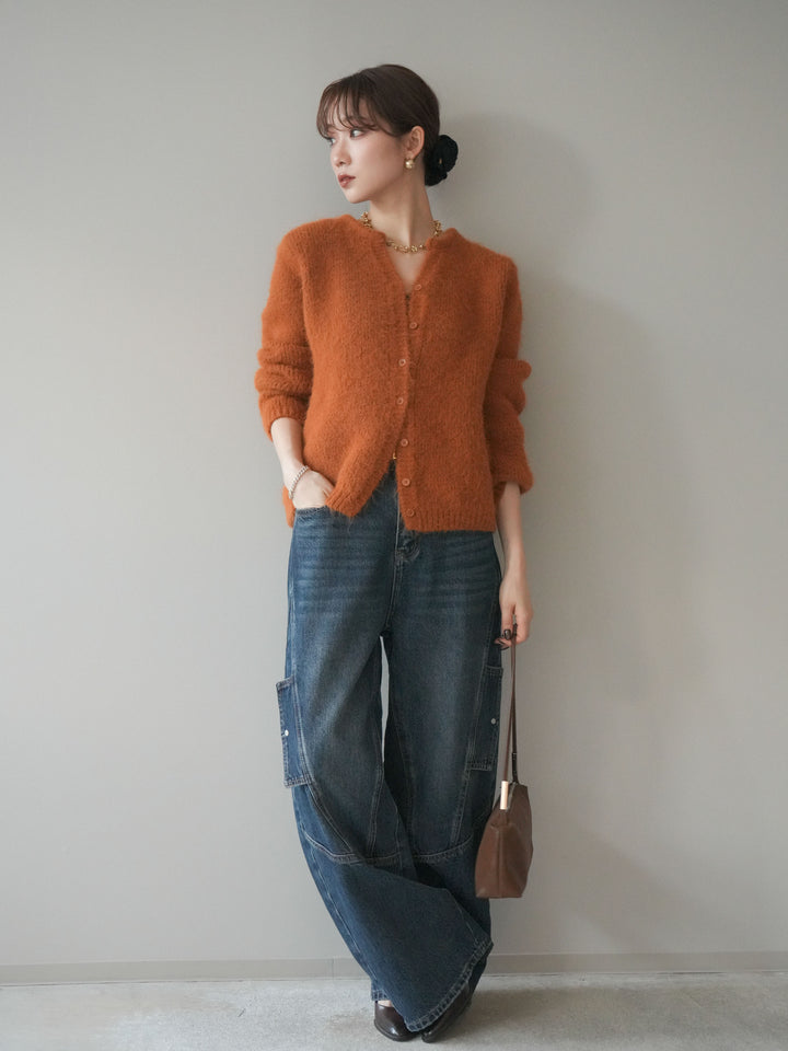 [予約]キーネックシャギーニットカーディガン/camel