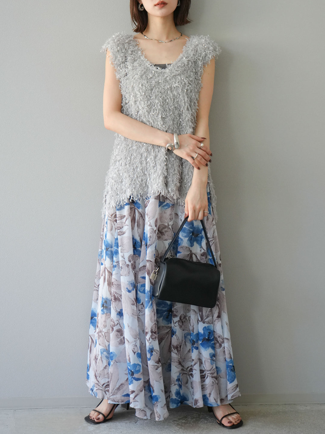 [予約]フラワープリントボリュームフレアスカート/ブルー