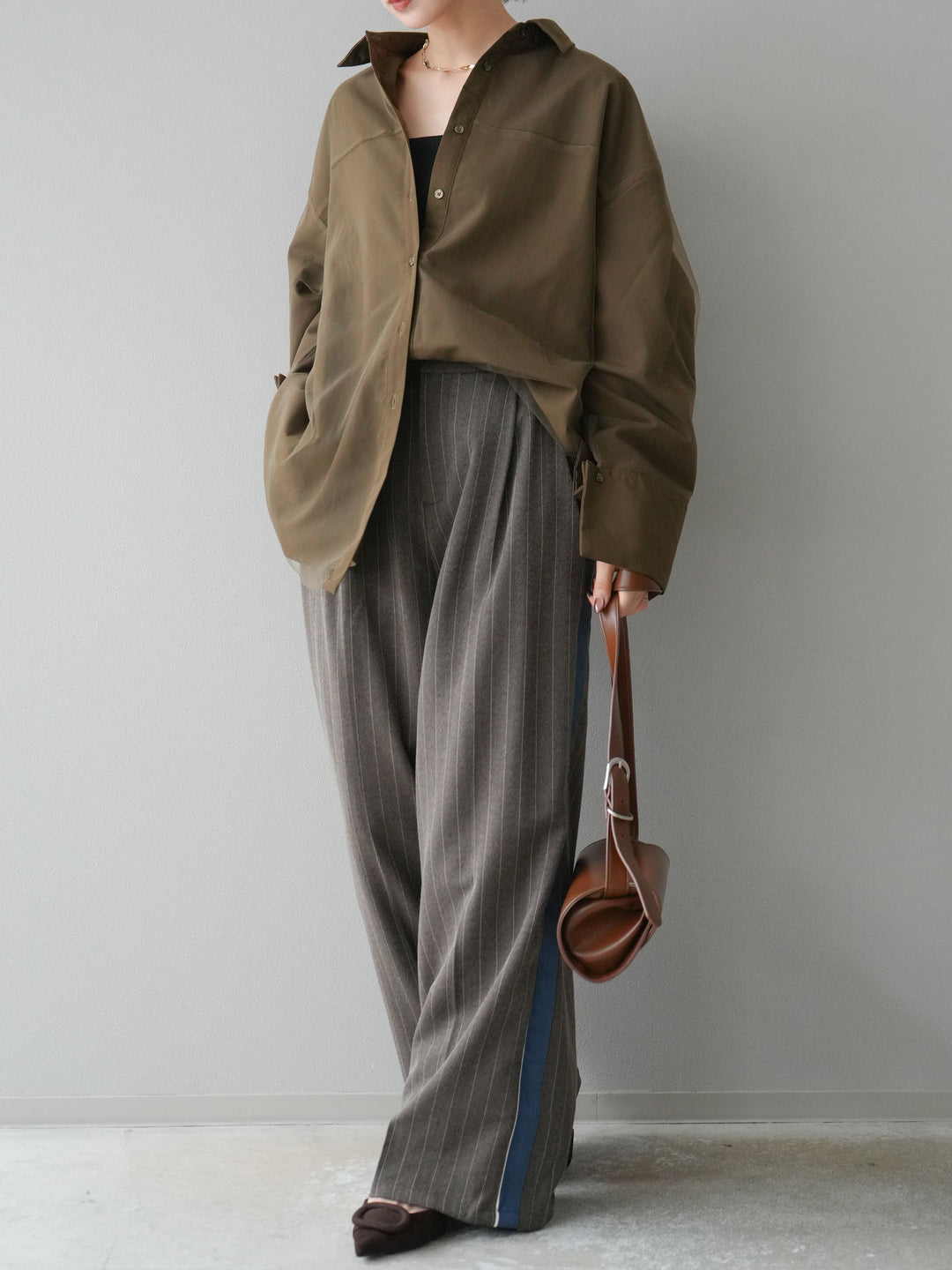 [予約]サイドラインストライプワイドパンツ/ブラウン