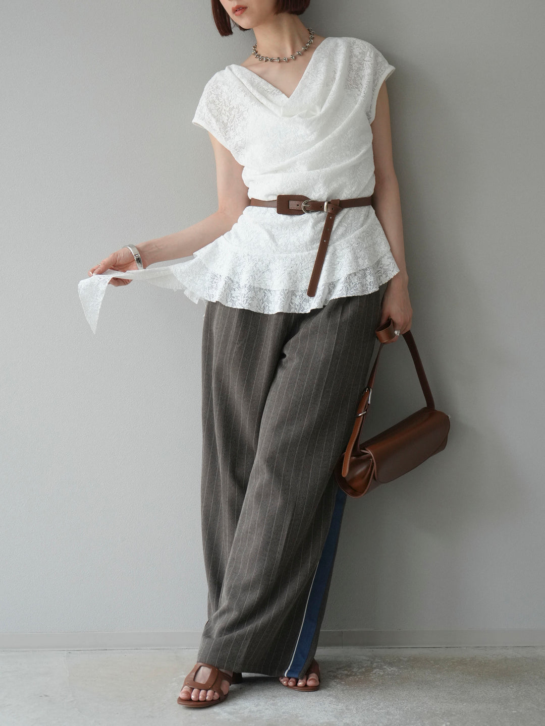 [予約]サイドラインストライプワイドパンツ/ブラウン