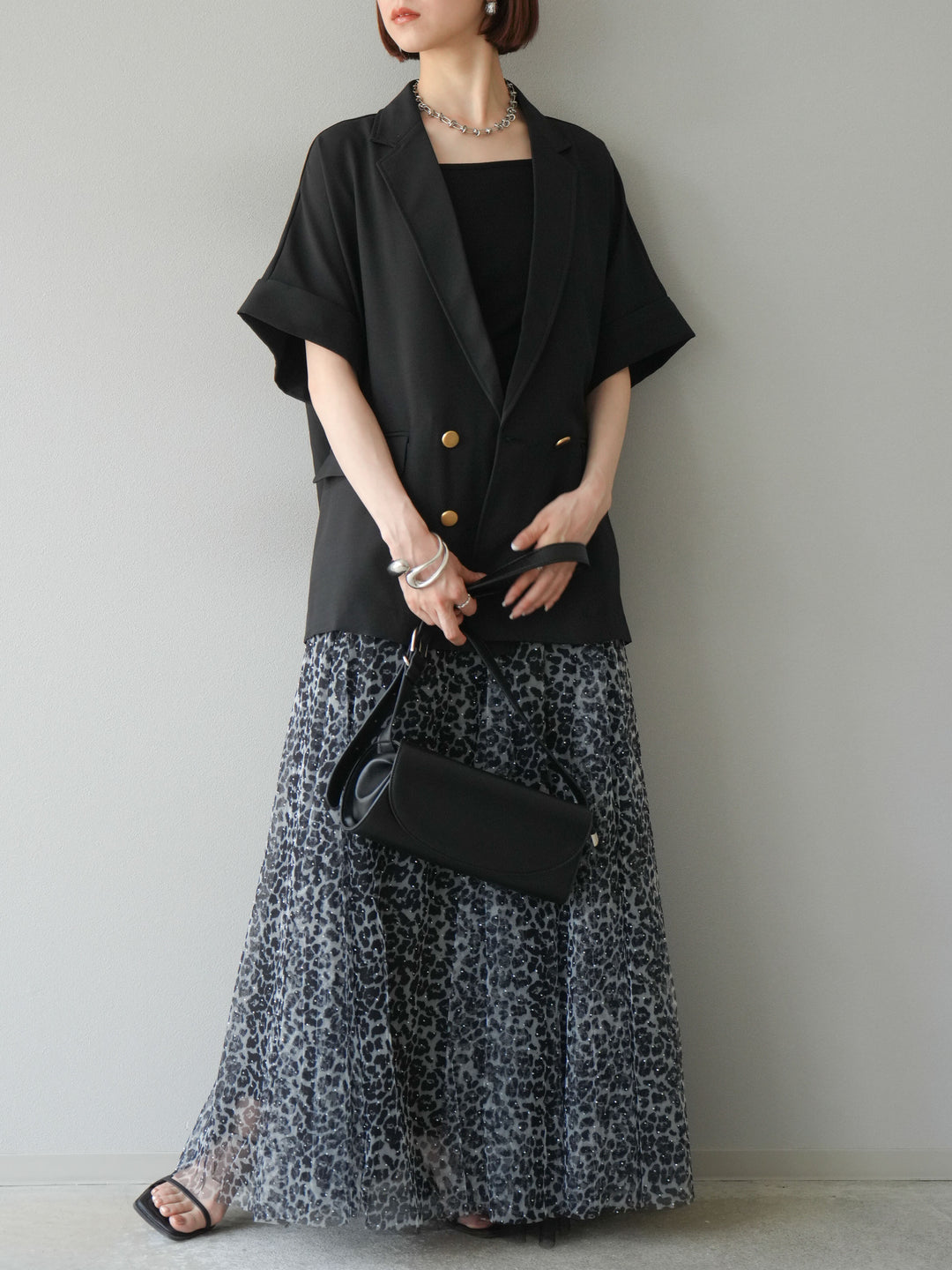[予約]レオパードチュールレイヤードプリーツスカート/ブラック