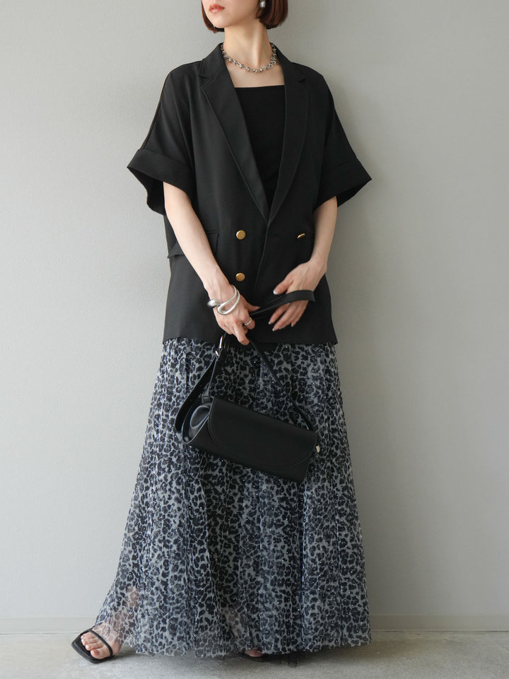 [予約]レオパードチュールレイヤードプリーツスカート/ブラック