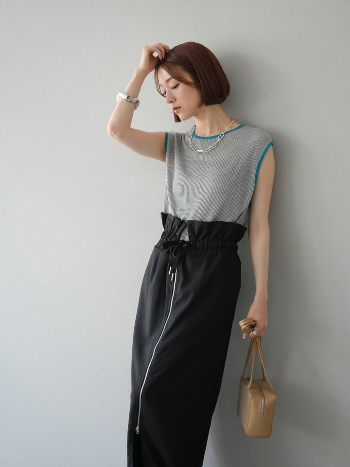 [予約]リネンタッチ配色ニットノースリーブプルオーバー/モクグレー