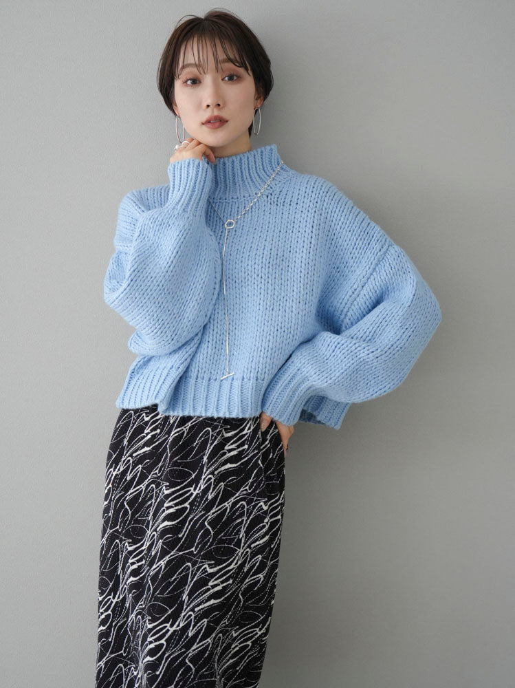 [Pre-order] Rib knit high neck short knit pullover/blue