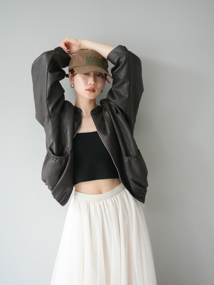 [予約]フェイクレザー裾バルーンブルゾン/ブラウン
