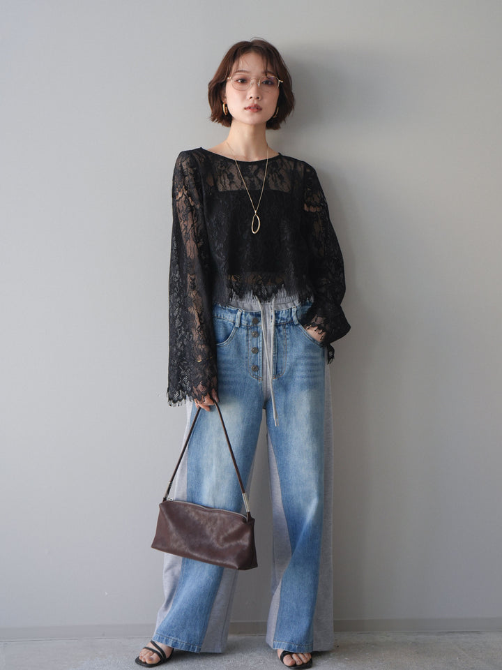 [SET]2WAYスリーブレーストップス+デニム切替スウェットパンツ(2set)