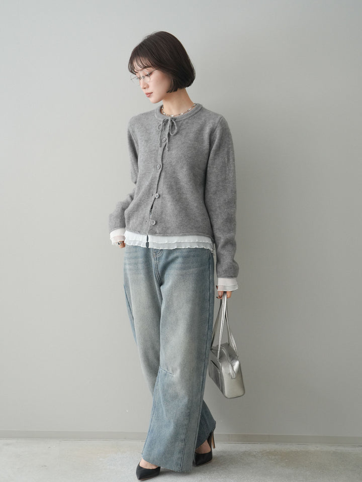 [予約]裏起毛カットオフカーブデニムパンツ/blue