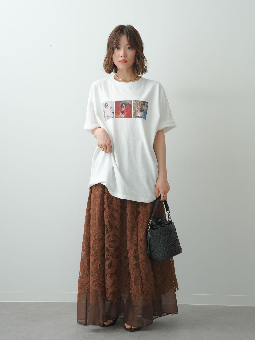 [SET]スリードッグフォトボックスTEE+フラワーレースレイヤードスカート(2set)