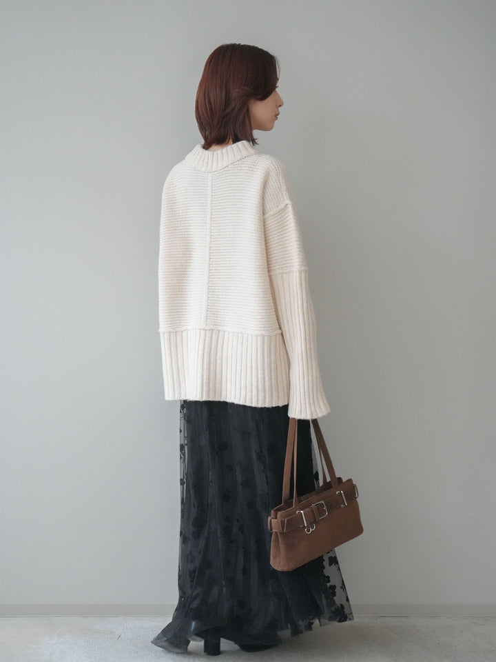 [SET]編み地切替ボトルネックニットプルオーバー+フラワーフロッキーチュールプリーツスカート(2set)
