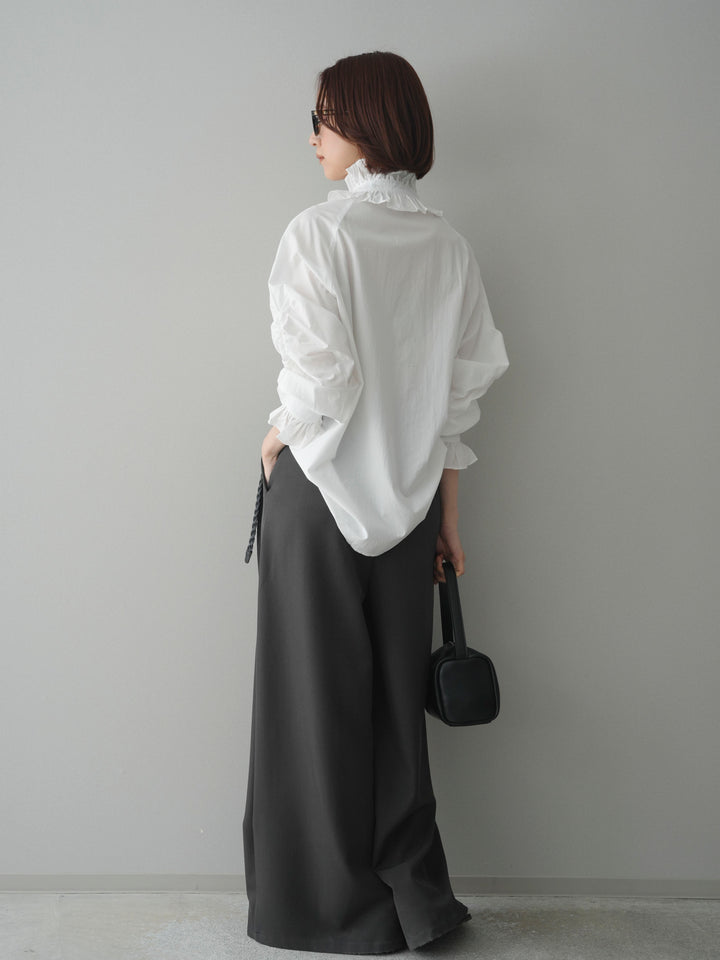 [SET]フリルネックギャザーブラウス+編み込みベルト付タックワイドパンツ(2set)