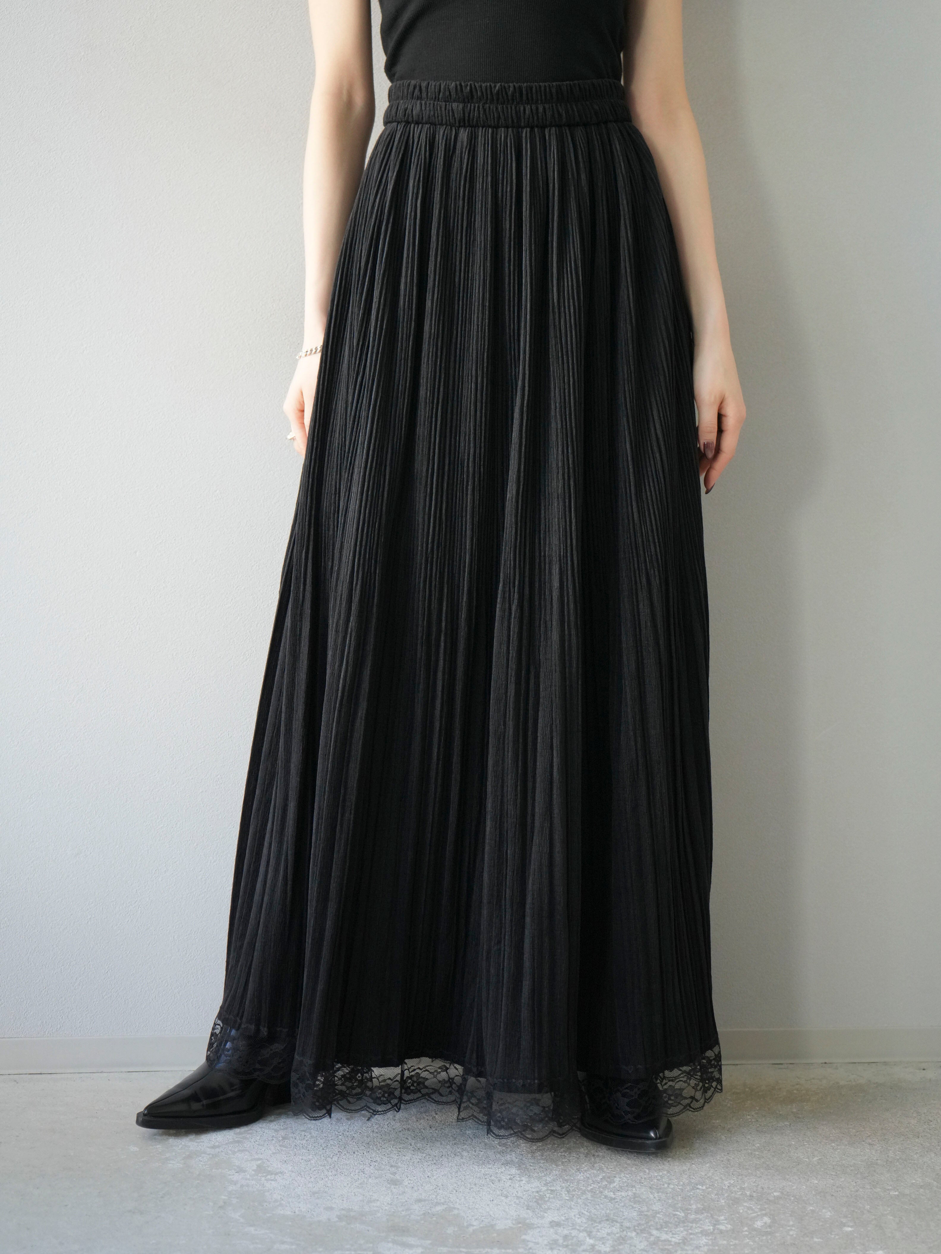 ブラックプリーツスカート レース風 予約]裾レーススウェードプリーツマキシスカート/ブラック – Lumier