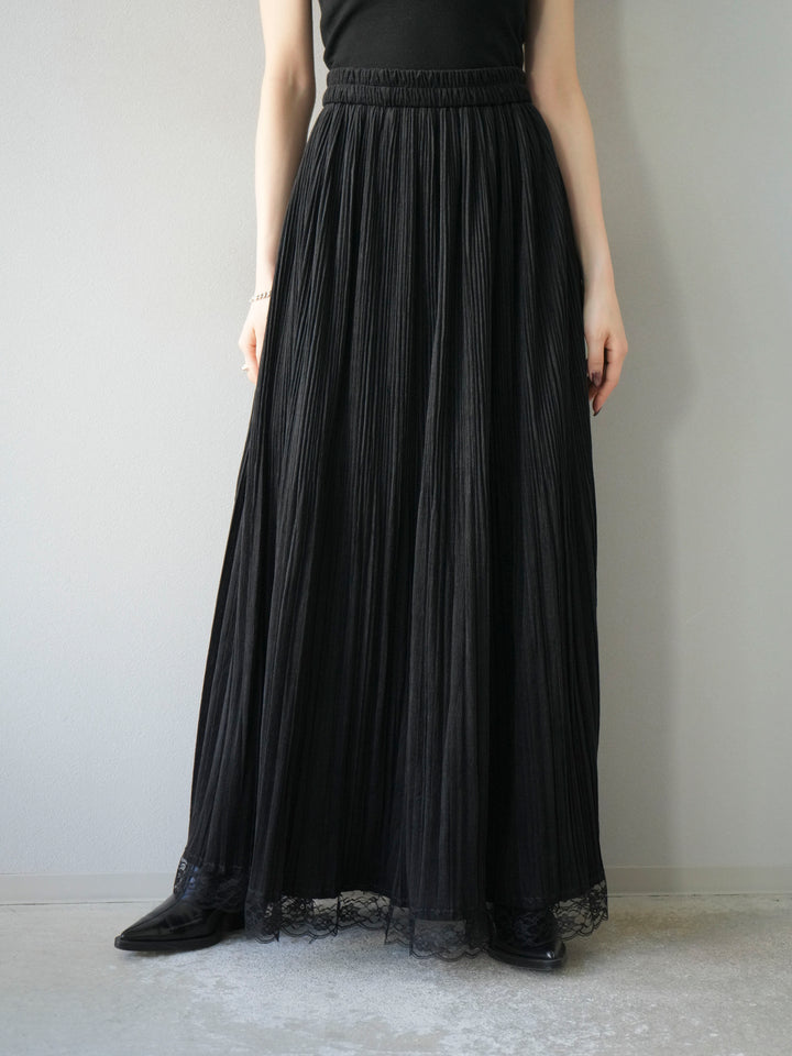 [予約]裾レーススウェードプリーツマキシスカート/ブラック