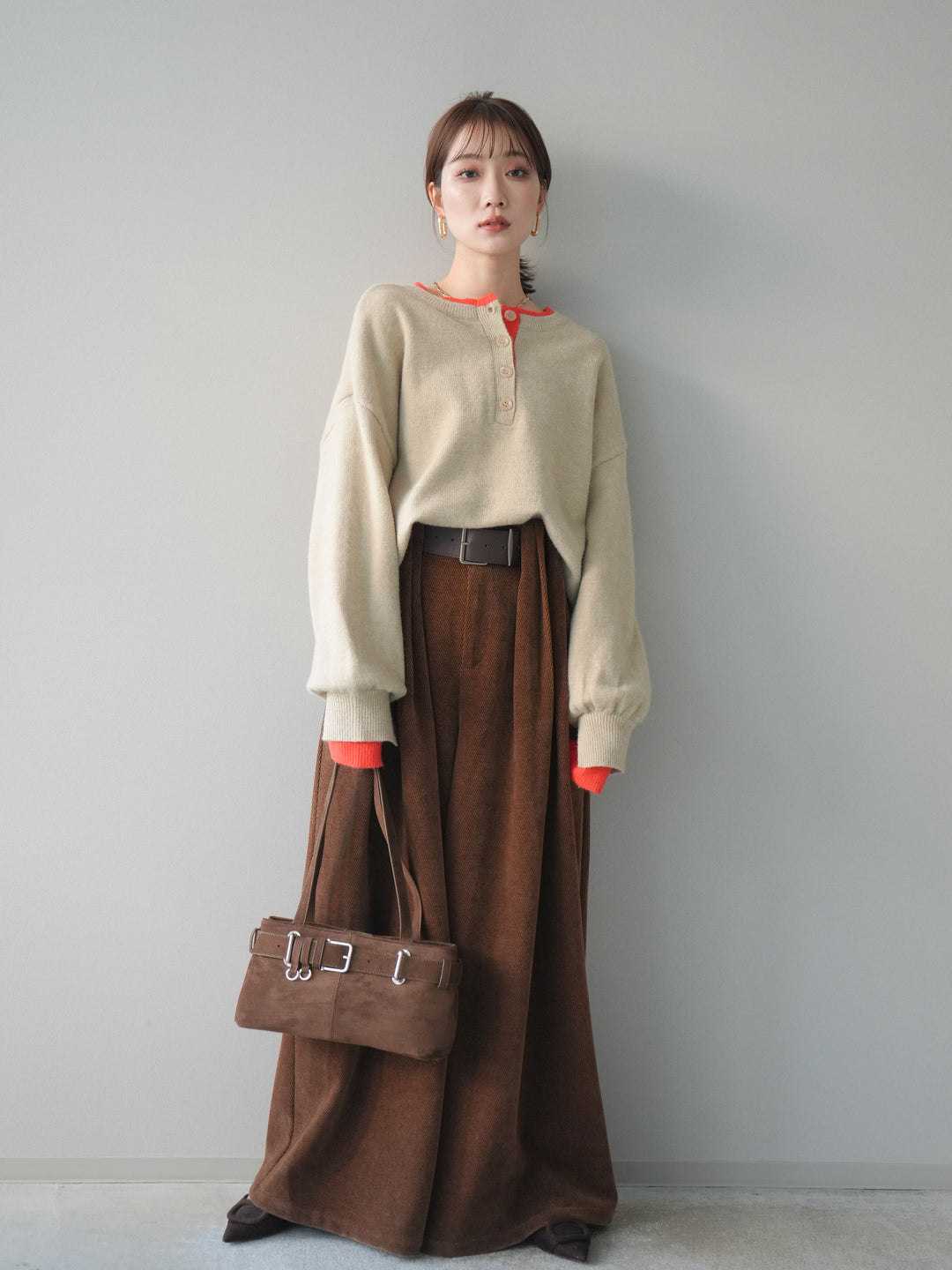 [予約]ベルトデザインループコールテンワイドパンツ(ベルト付き)/camel