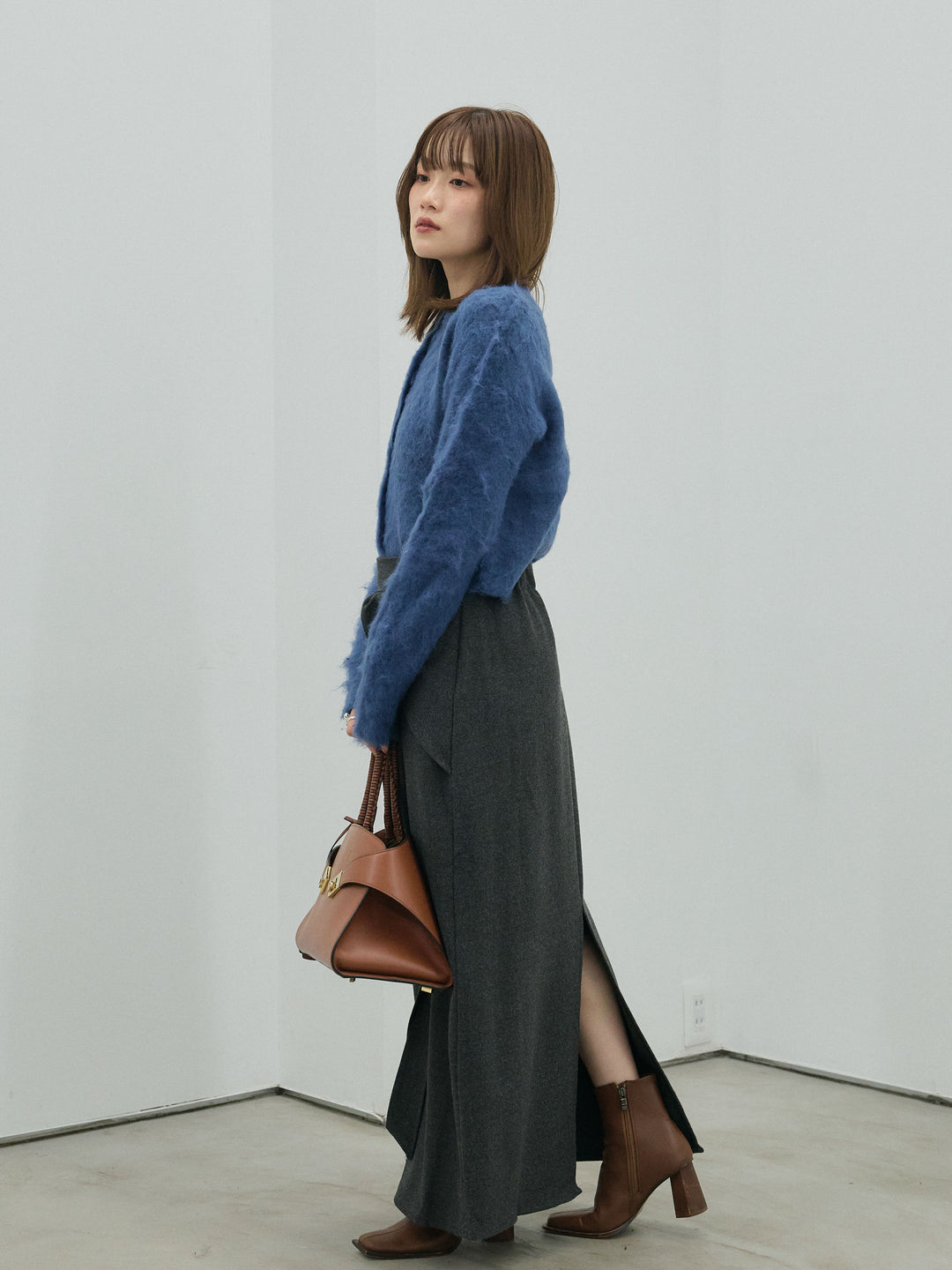 【Allure】[SET]モヘアタッチクロップドニットプルオーバー+ウールタッチウエスト巻きスカート(2set)