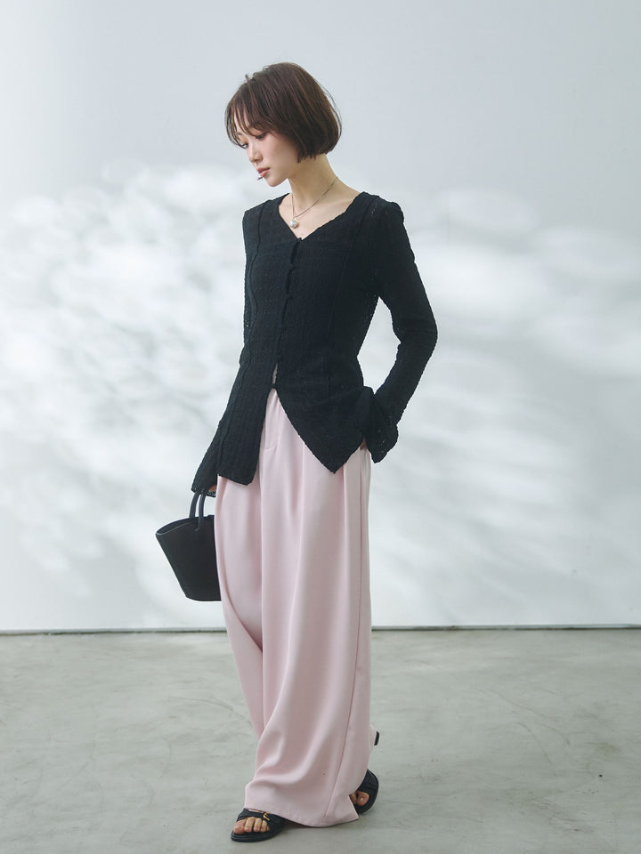 【Allure】[SET]ストレッチレースカーディガン+エステルツイルタックワイドパンツ(2set)