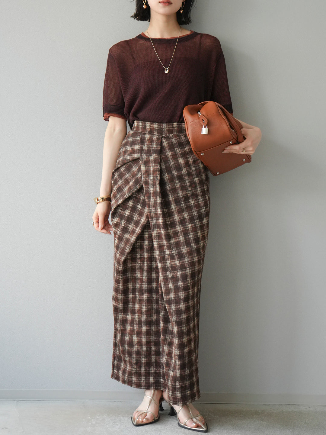 [SET]リネンタッチ配色二重臼ハーフニットトップス+選べるアソート柄スカートセット(2set)